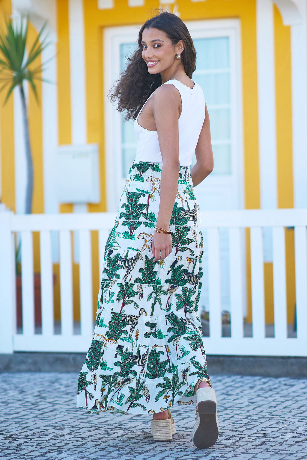 Yumi White Animal Print Cotton Tiered Maxi Skirt - QHA UK