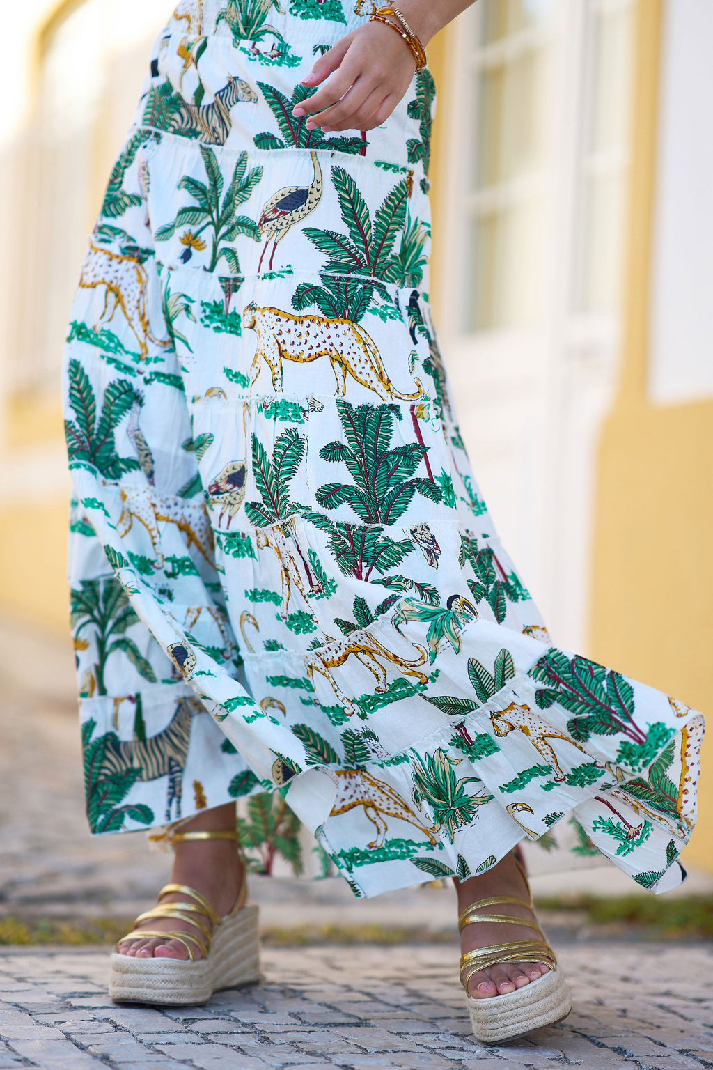 Yumi White Animal Print Cotton Tiered Maxi Skirt - QHA UK