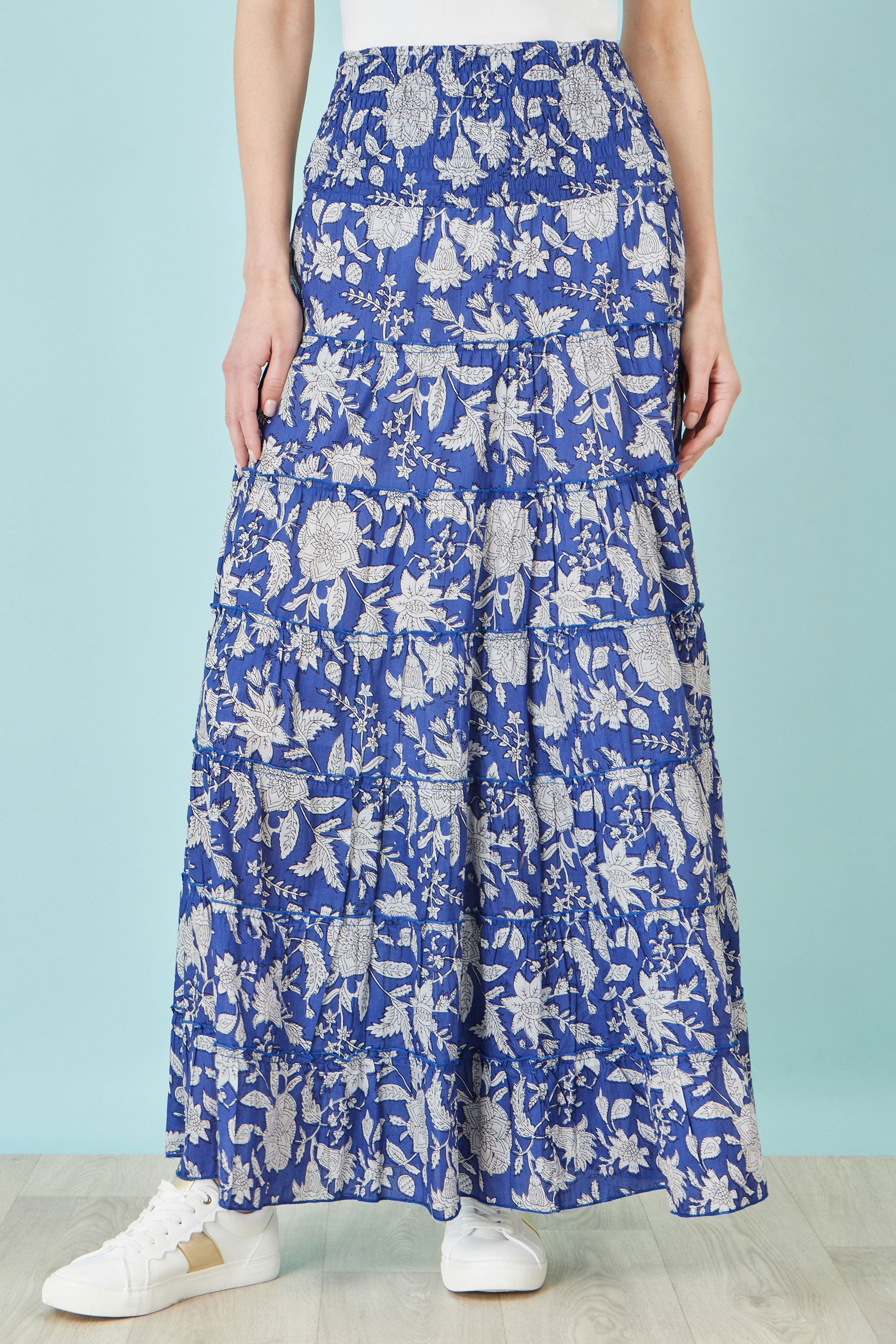 Yumi Blue Floral Cotton Tiered Maxi Skirt - QHA UK
