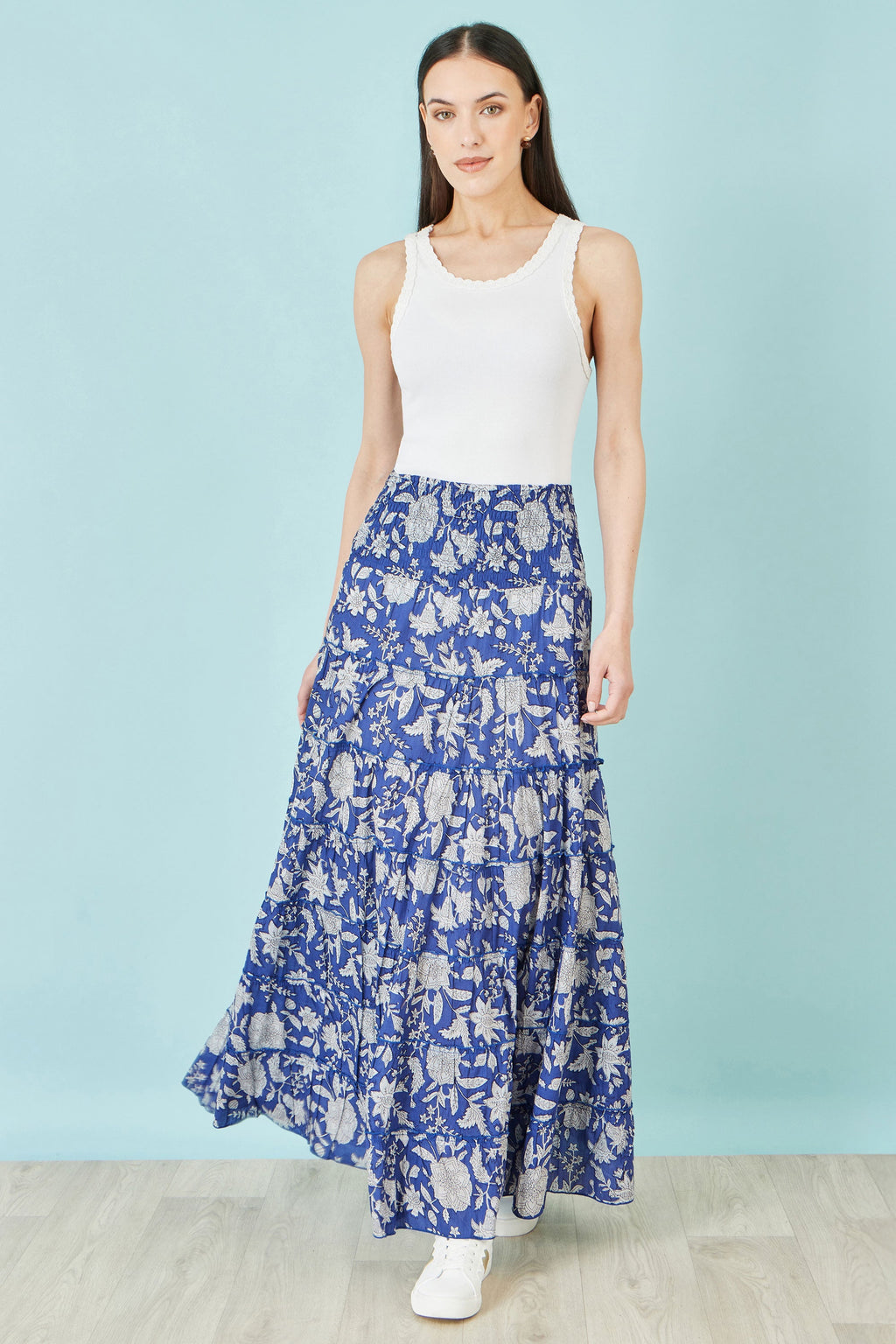 Yumi Blue Floral Cotton Tiered Maxi Skirt - QHA UK