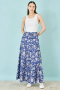 Yumi Blue Floral Cotton Tiered Maxi Skirt - QHA UK