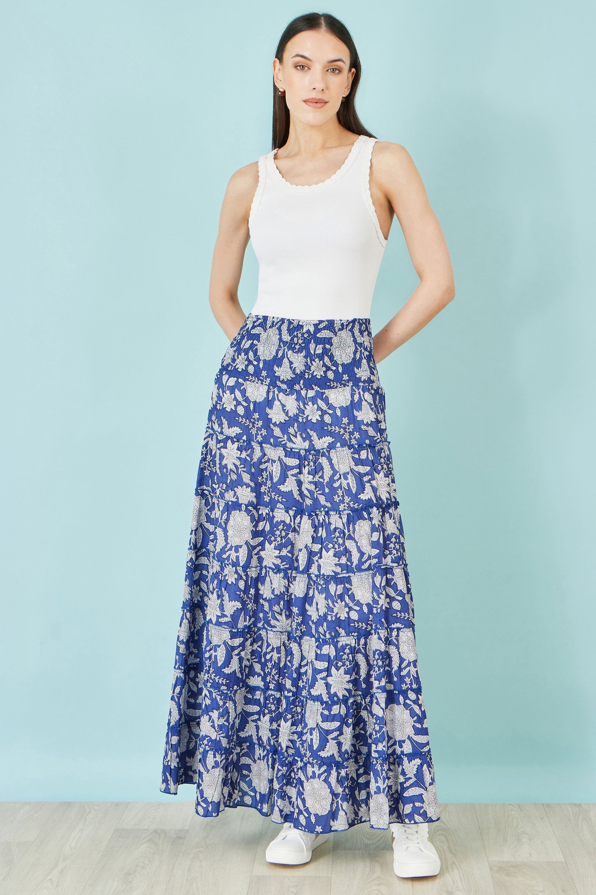 Yumi Blue Floral Cotton Tiered Maxi Skirt - QHA UK