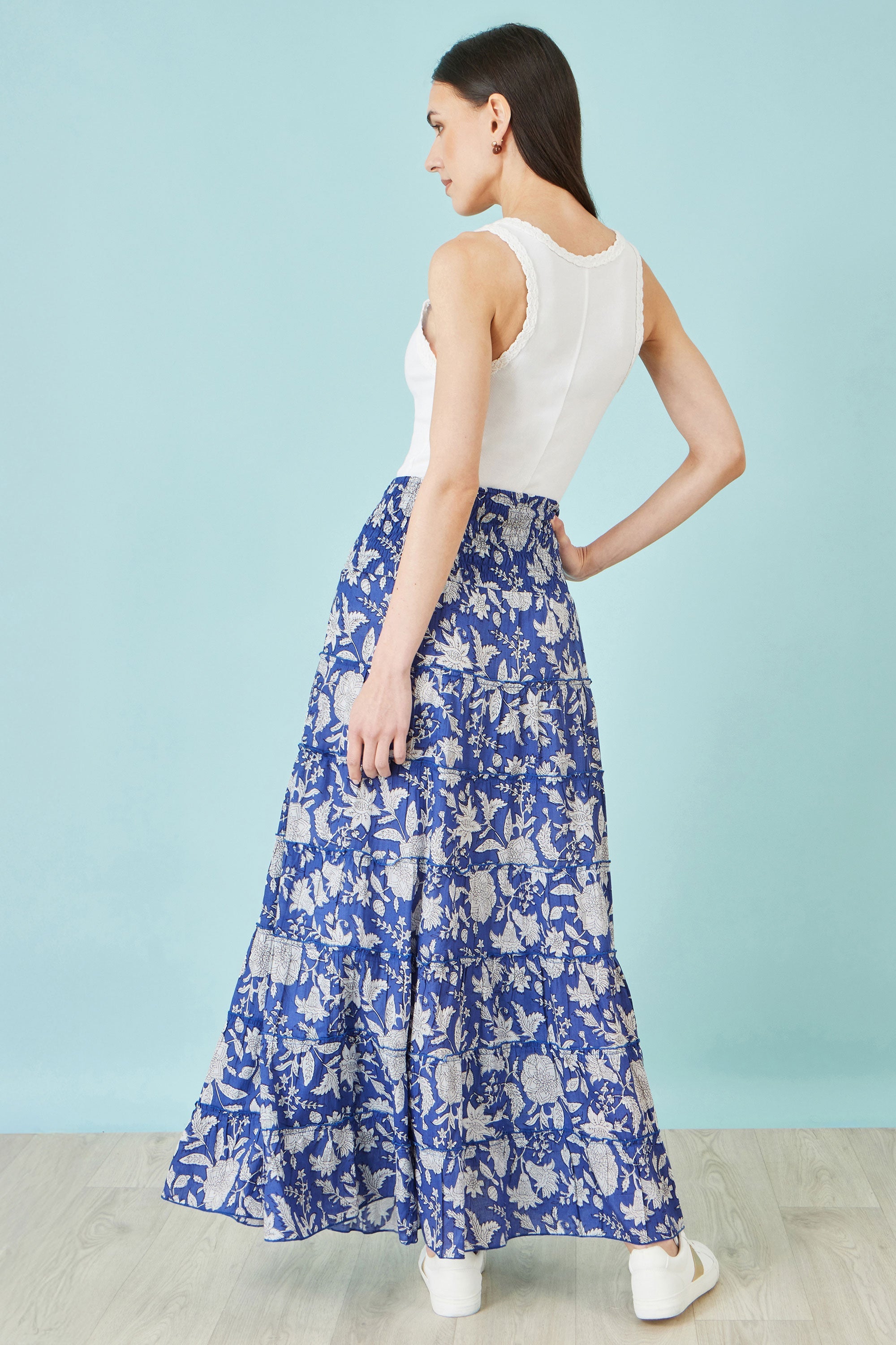 Yumi Blue Floral Cotton Tiered Maxi Skirt - QHA UK