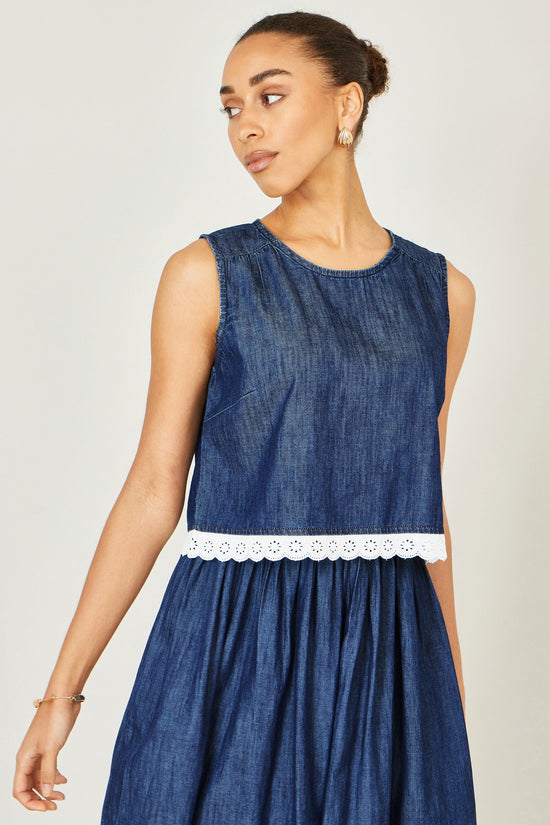 Yumi Blue Cotton Chambray Top With Lace Trims - QHA UK