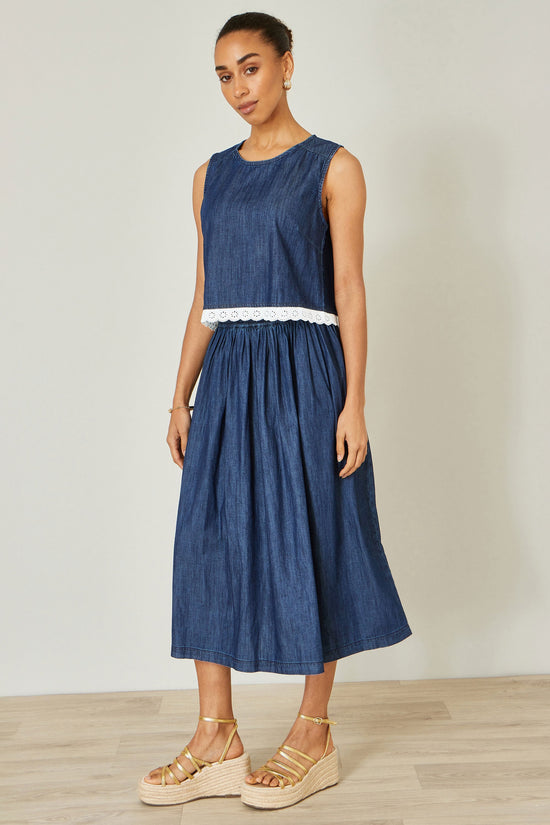 Yumi Blue Cotton Chambray Top With Lace Trims - QHA UK