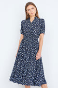 Yumi Navy Ditsy Floral Midi Shirt Dress With Ruched Waist - QHA UK