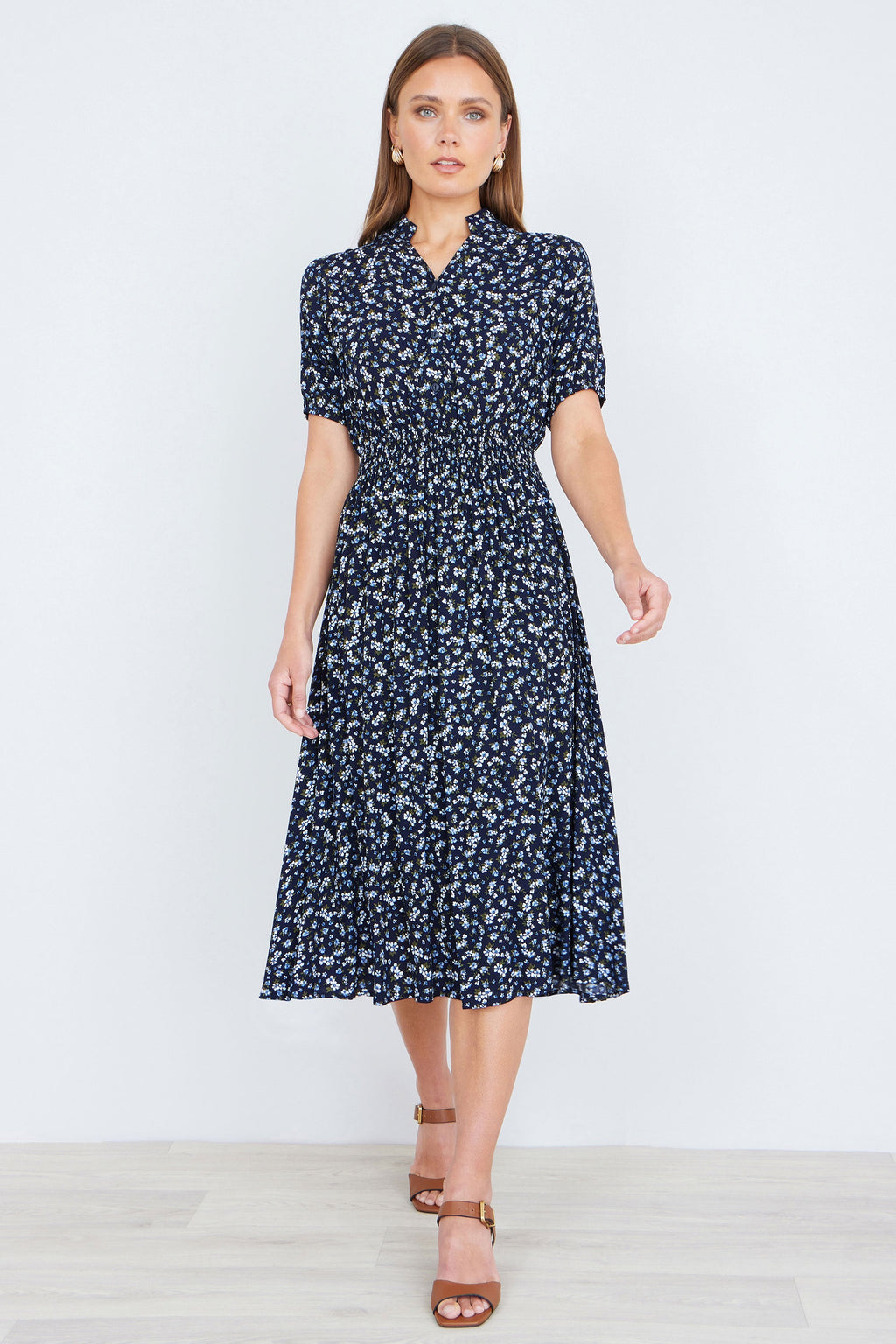 Yumi Navy Ditsy Floral Midi Shirt Dress With Ruched Waist - QHA UK