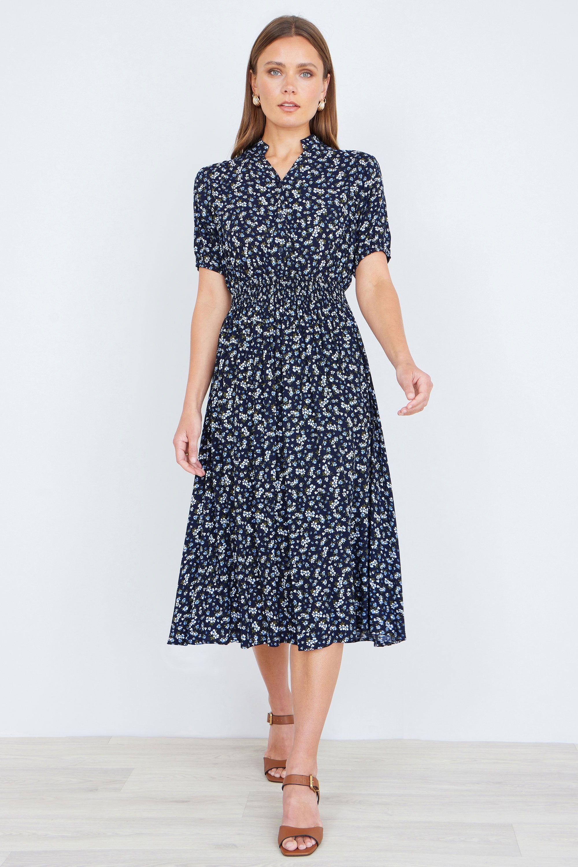 Yumi Navy Ditsy Floral Midi Shirt Dress With Ruched Waist - QHA UK