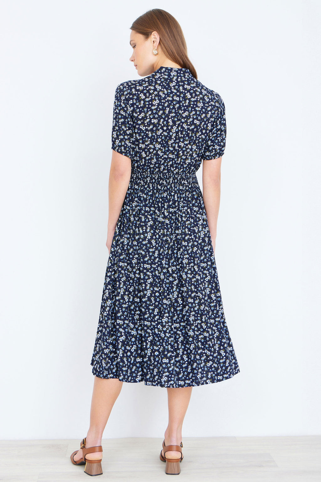 Yumi Navy Ditsy Floral Midi Shirt Dress With Ruched Waist - QHA UK