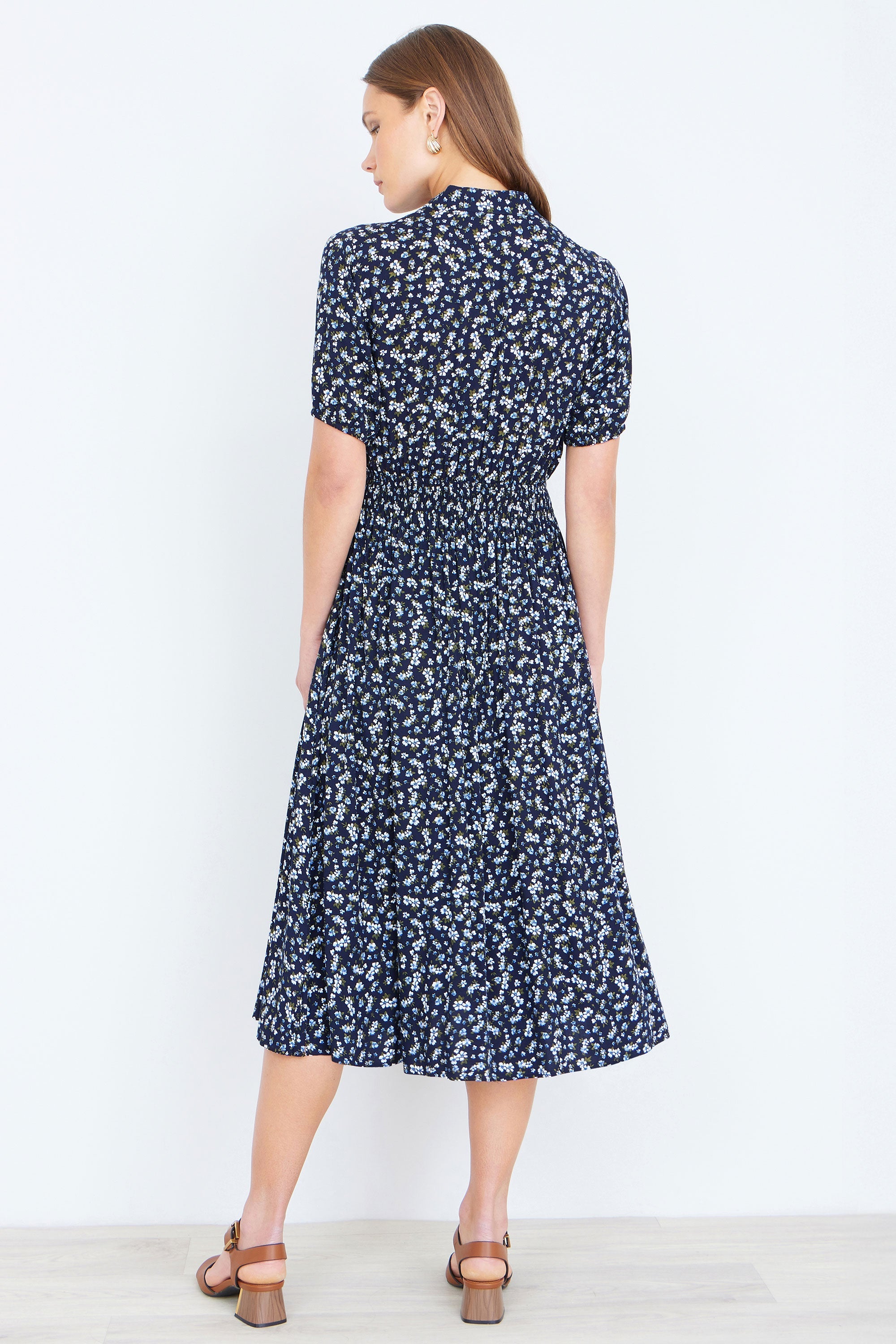 Yumi Navy Ditsy Floral Midi Shirt Dress With Ruched Waist - QHA UK