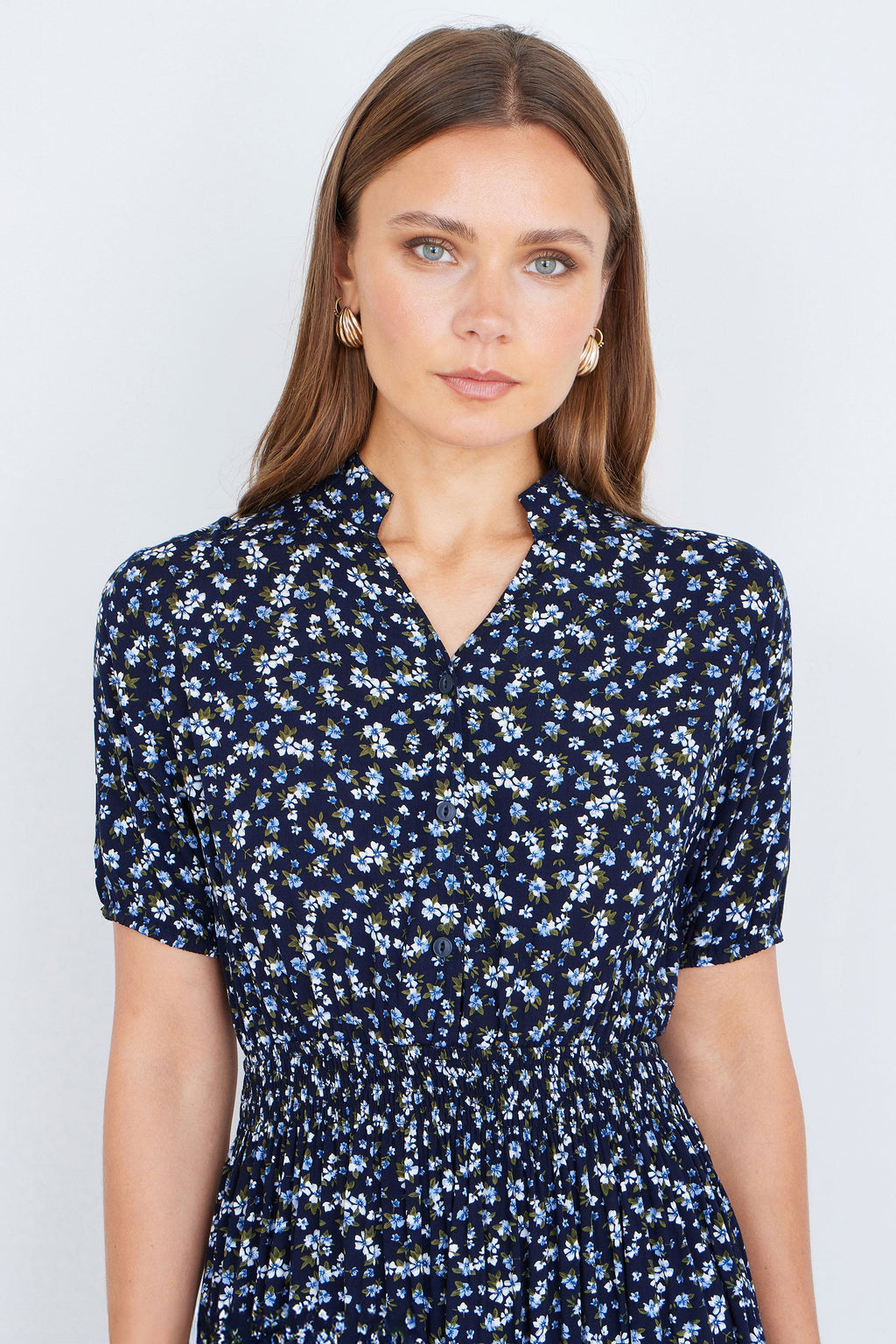 Yumi Navy Ditsy Floral Midi Shirt Dress With Ruched Waist - QHA UK