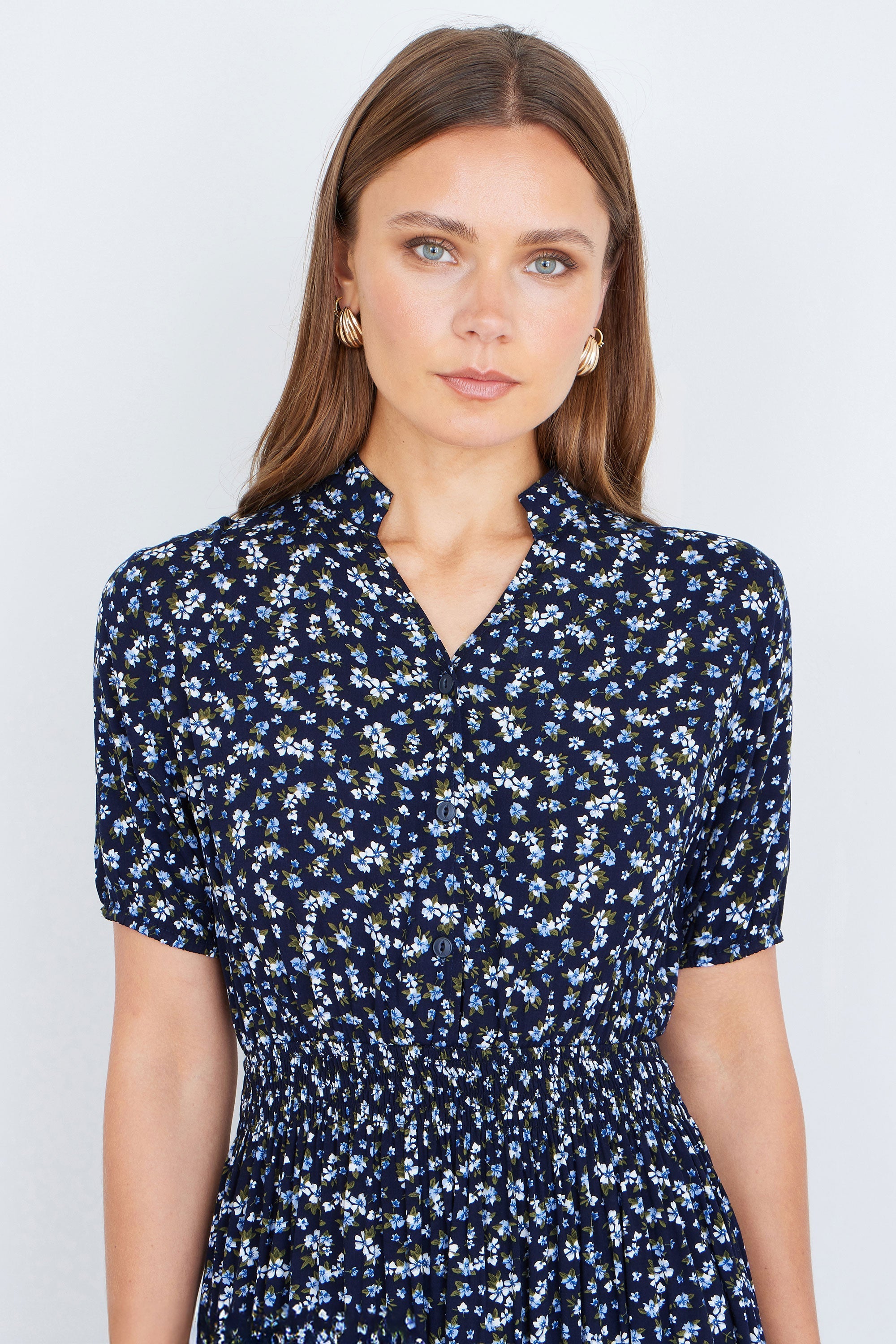 Yumi Navy Ditsy Floral Midi Shirt Dress With Ruched Waist - QHA UK