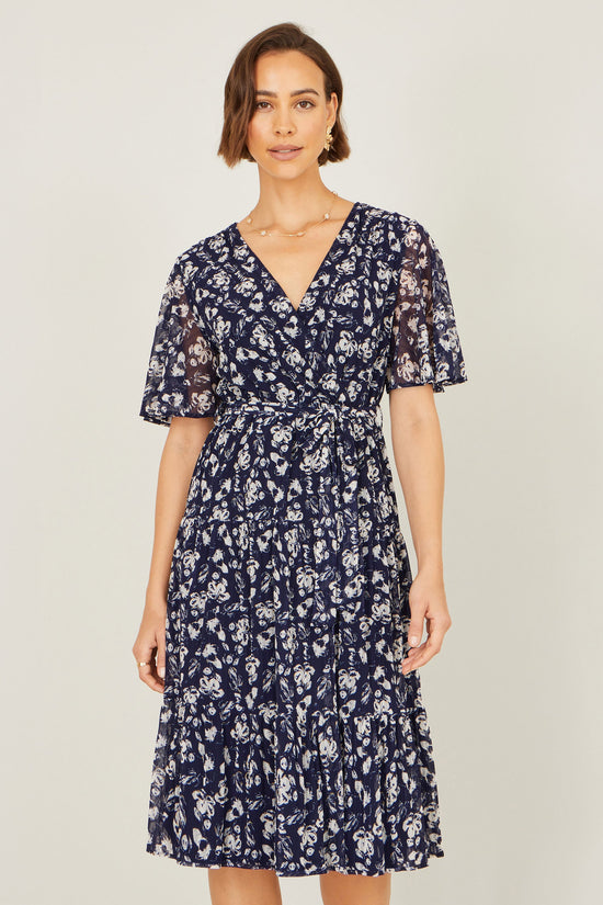 Yumi Navy Floral Mesh Wrap Dress - QHA UK