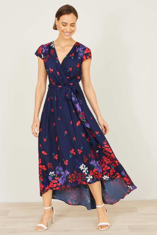 Yumi Navy Floral Mirror Wrap Dress With Dip Hem - QHA UK