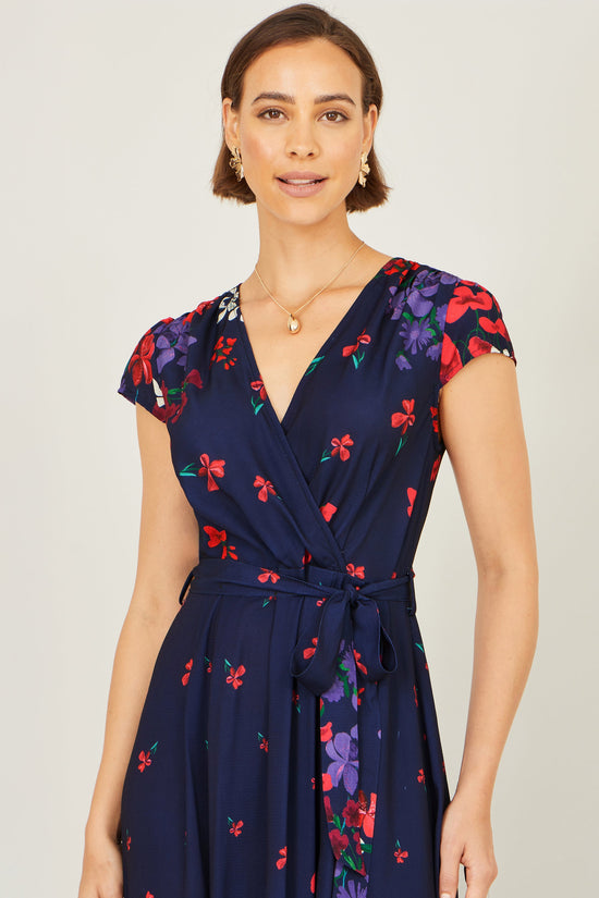 Yumi Navy Floral Mirror Wrap Dress With Dip Hem - QHA UK