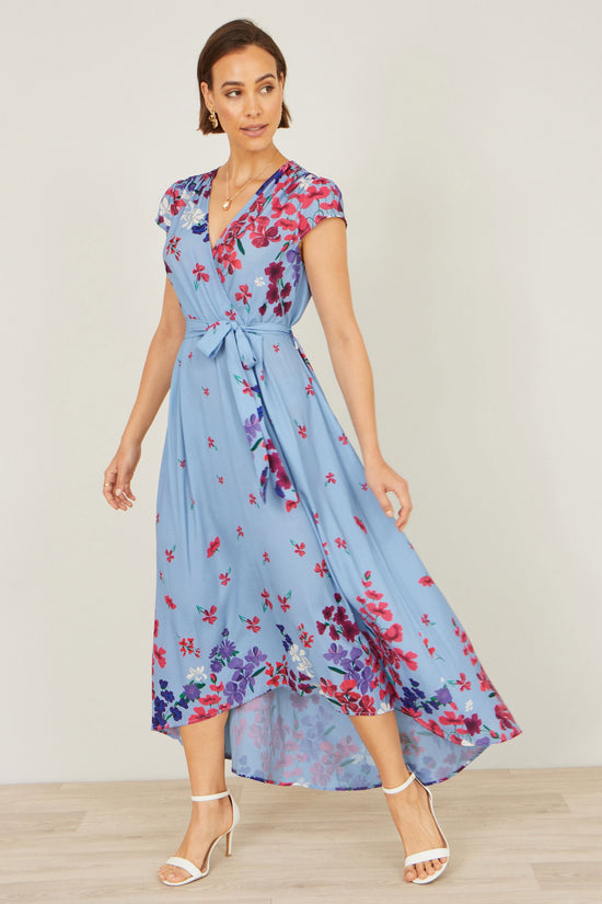 Yumi Blue Floral Mirror Wrap High Low Midi Wrap Dress - QHA UK