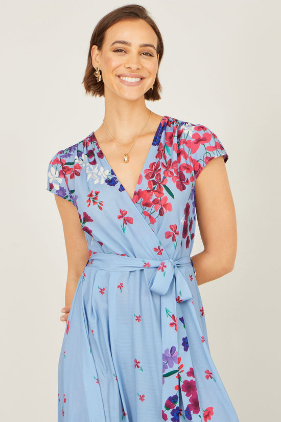 Yumi Blue Floral Mirror Wrap High Low Midi Wrap Dress - QHA UK