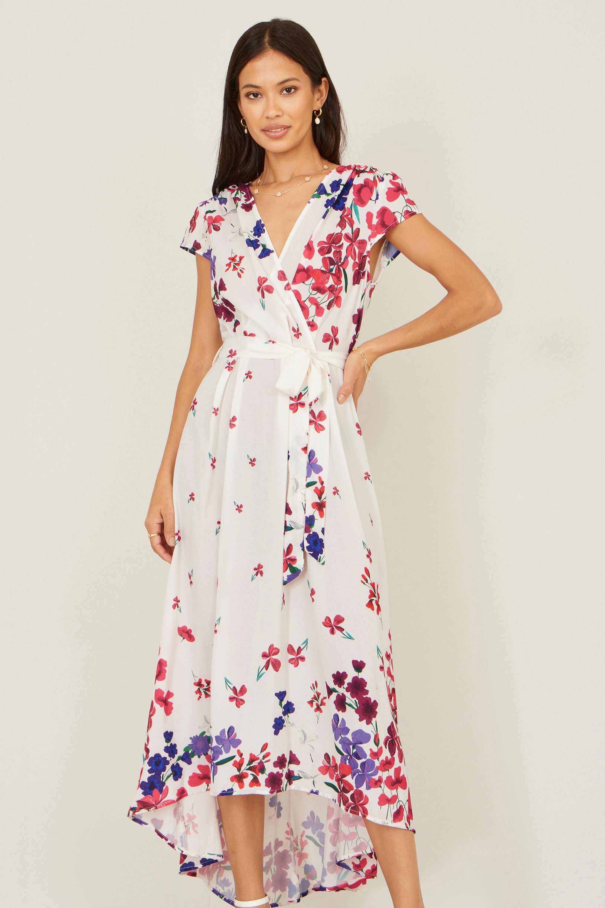 Yumi Ivory Floral Mirror Wrap Dress With Dip Hem - QHA UK