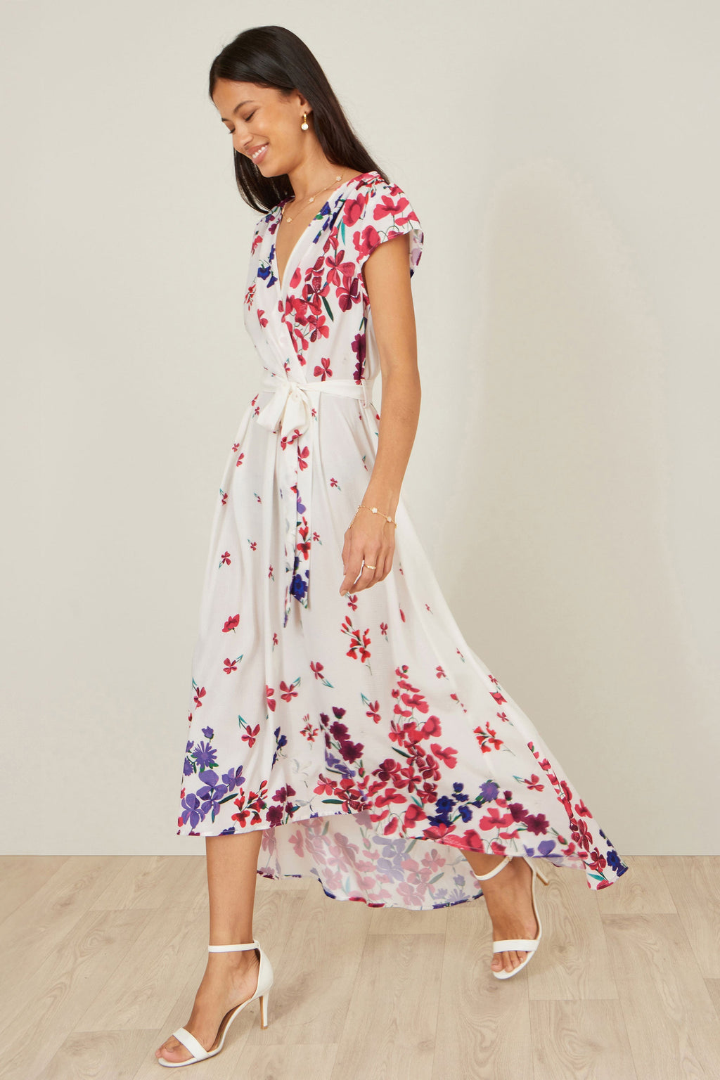 Yumi Ivory Floral Mirror Wrap Dress With Dip Hem - QHA UK