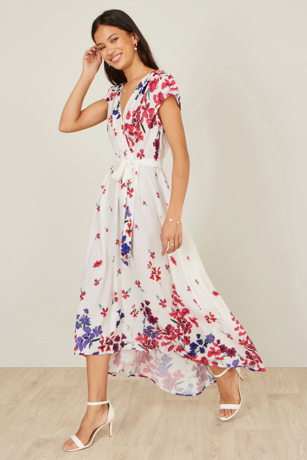 Yumi Ivory Floral Mirror Wrap Dress With Dip Hem - QHA UK