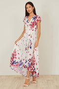 Yumi Ivory Floral Mirror Wrap Dress With Dip Hem - QHA UK