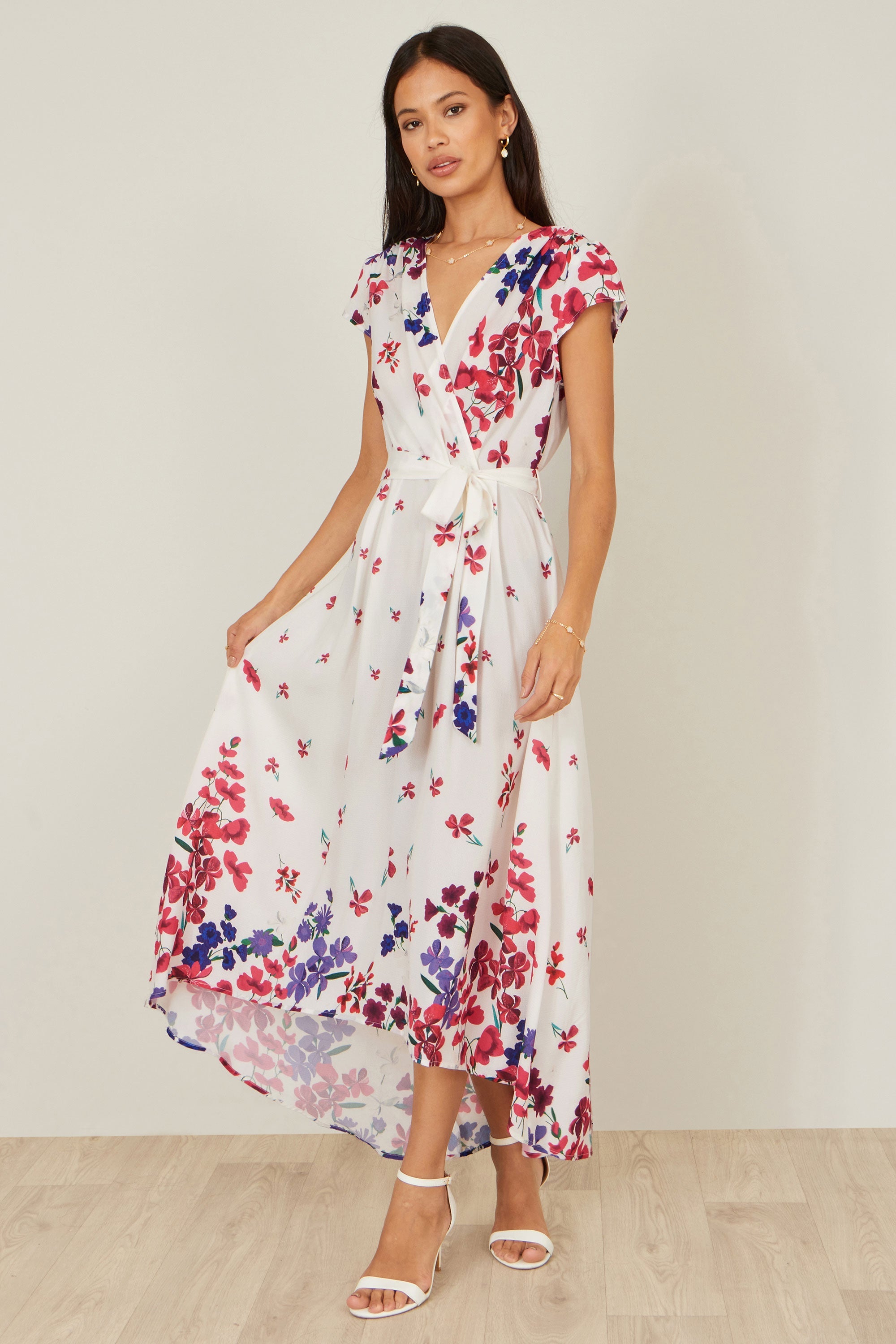 Yumi Ivory Floral Mirror Wrap Dress With Dip Hem - QHA UK