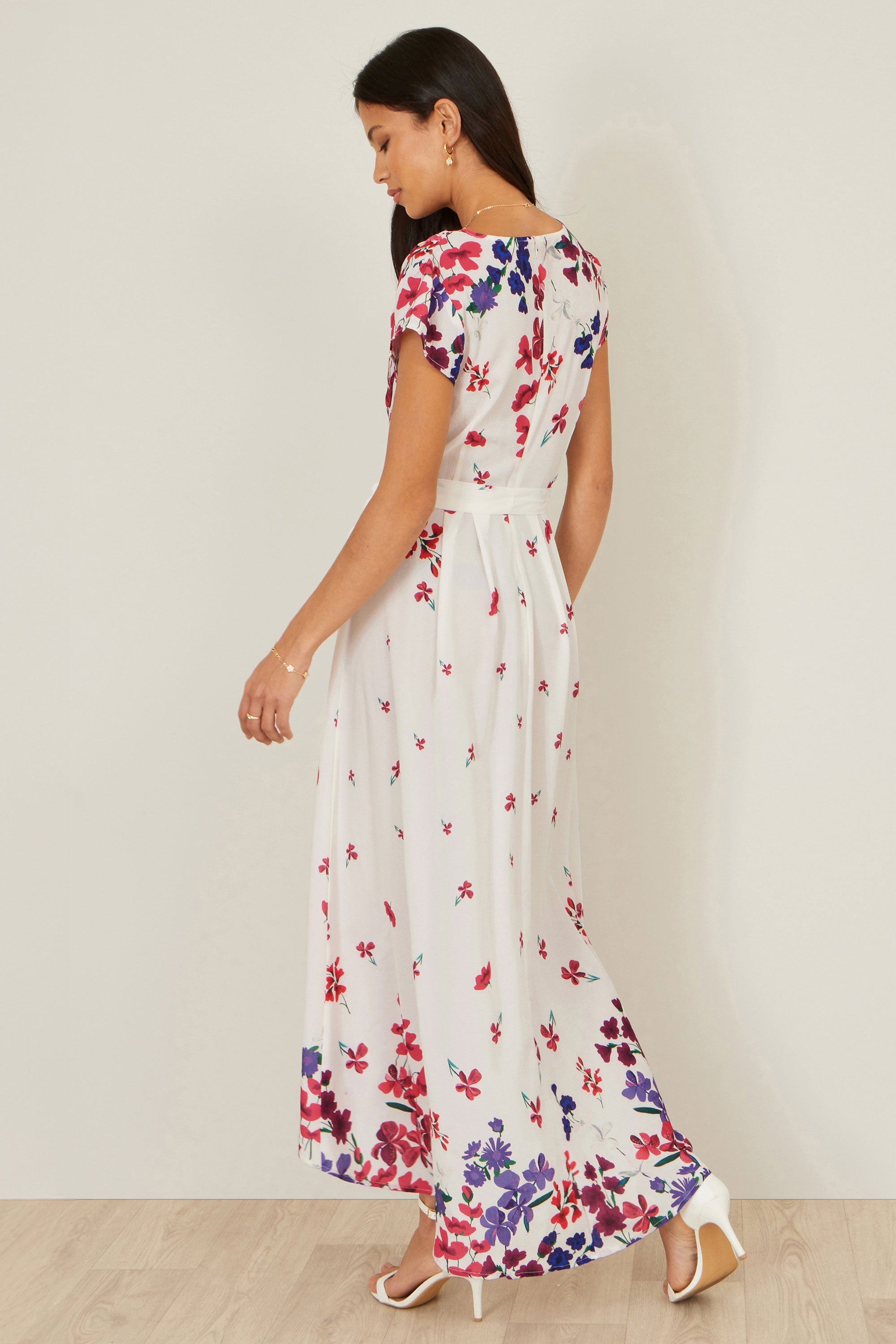 Yumi Ivory Floral Mirror Wrap Dress With Dip Hem - QHA UK
