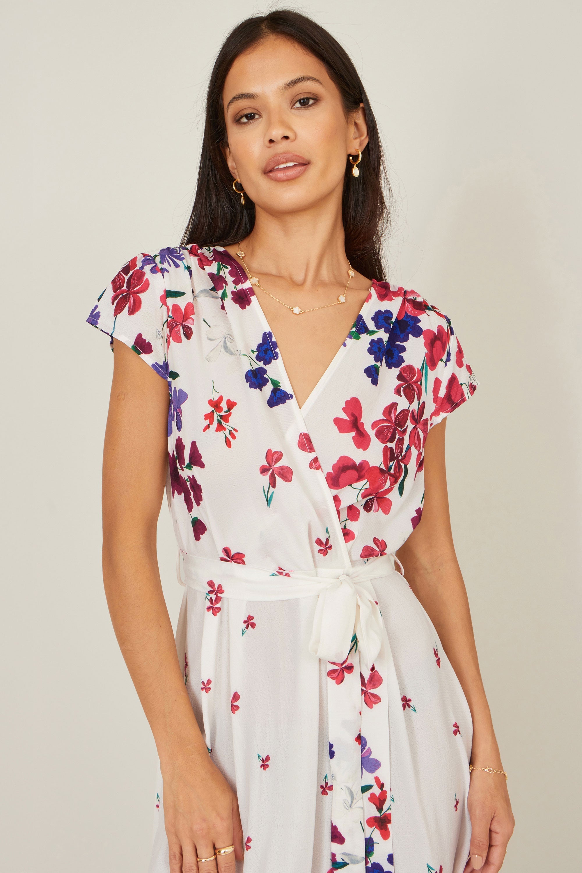 Yumi Ivory Floral Mirror Wrap Dress With Dip Hem - QHA UK