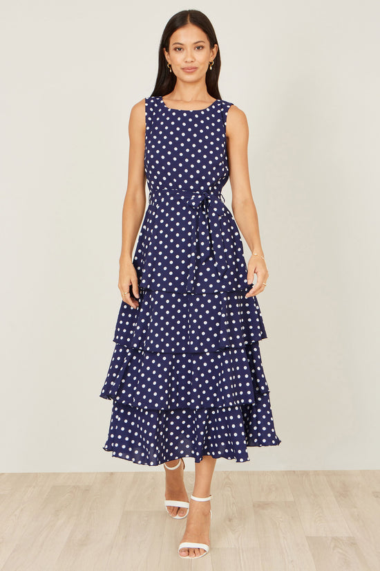 Yumi Navy Spot Tiered Midi Dress - QHA UK