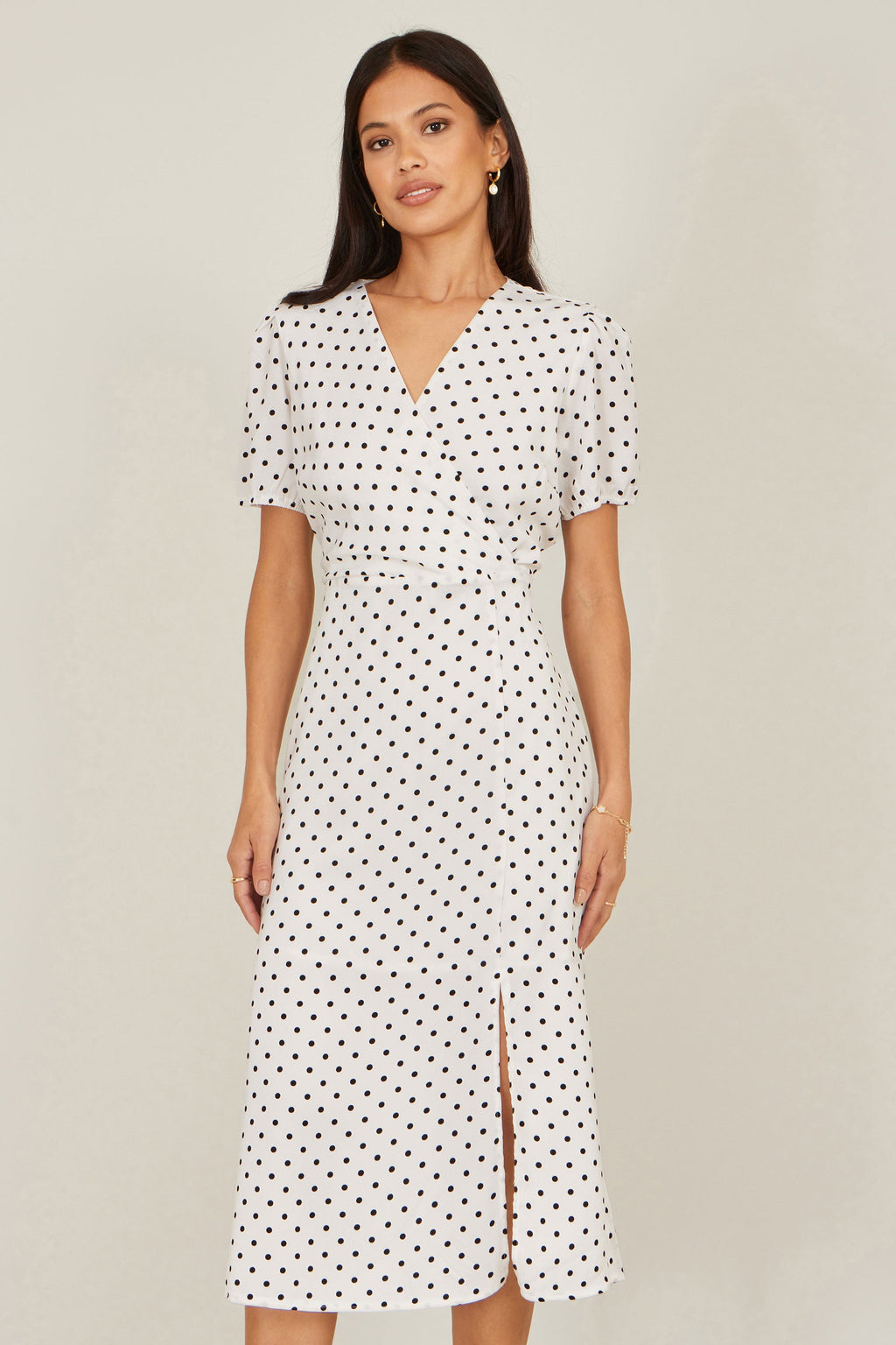 Yumi White Spot Print Wrap Tea Dress