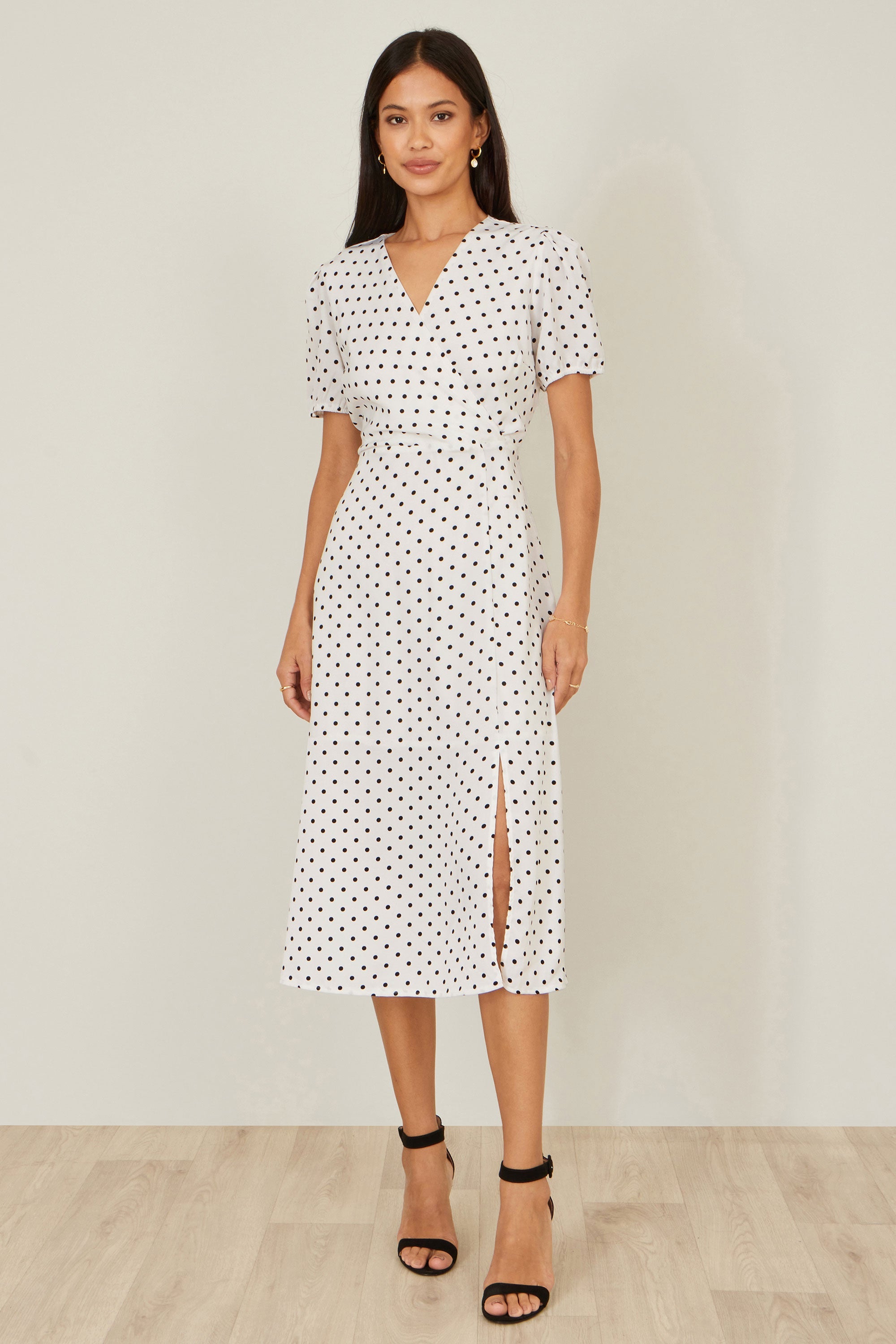 Yumi White Spot Print Wrap Tea Dress
