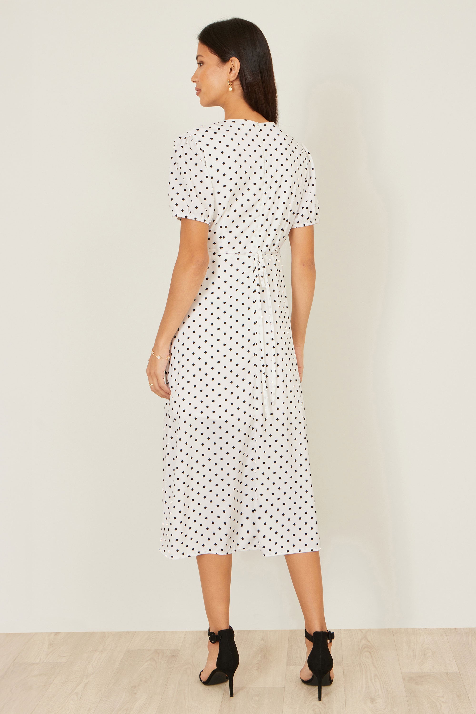 Yumi White Spot Print Wrap Tea Dress