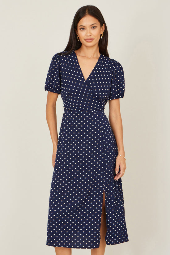 Yumi Navy Spot Wrap Midi Tea Dress - QHA UK