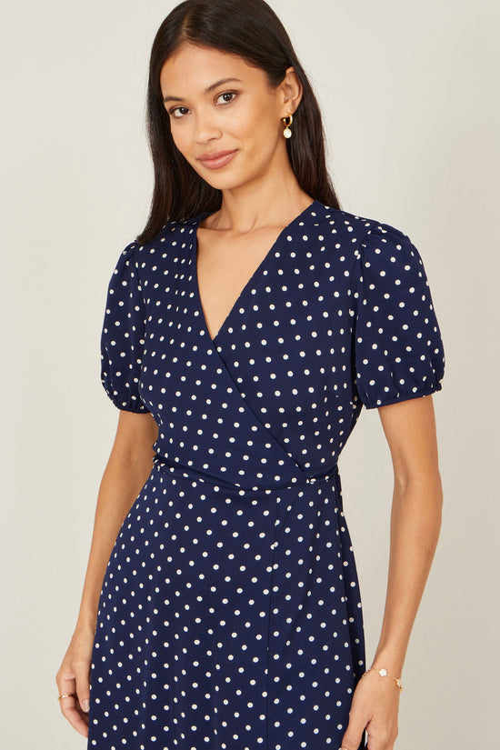 Yumi Navy Spot Wrap Midi Tea Dress - QHA UK