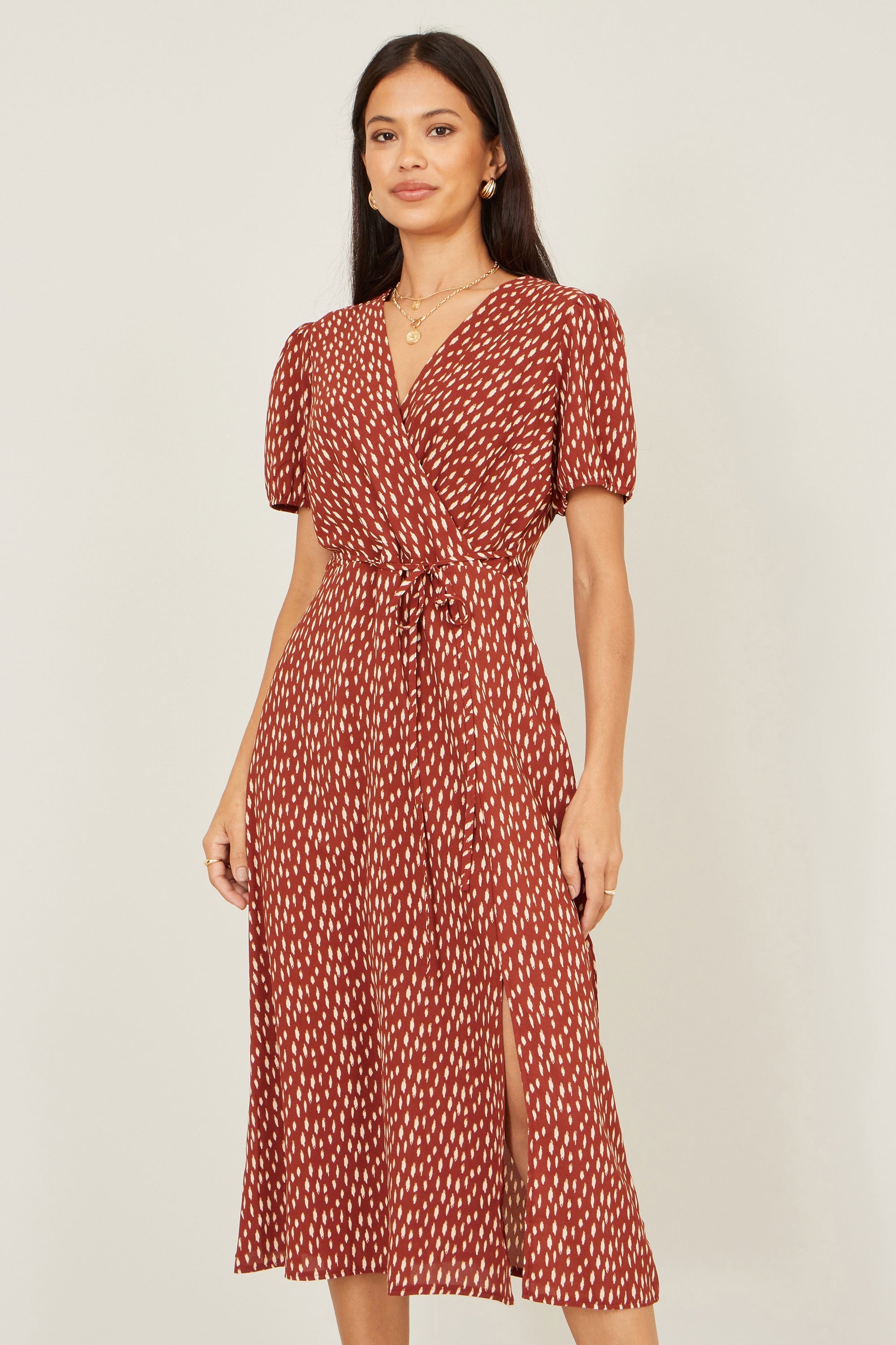 Yumi Brown Spot Wrap Midi Dress - QHA UK
