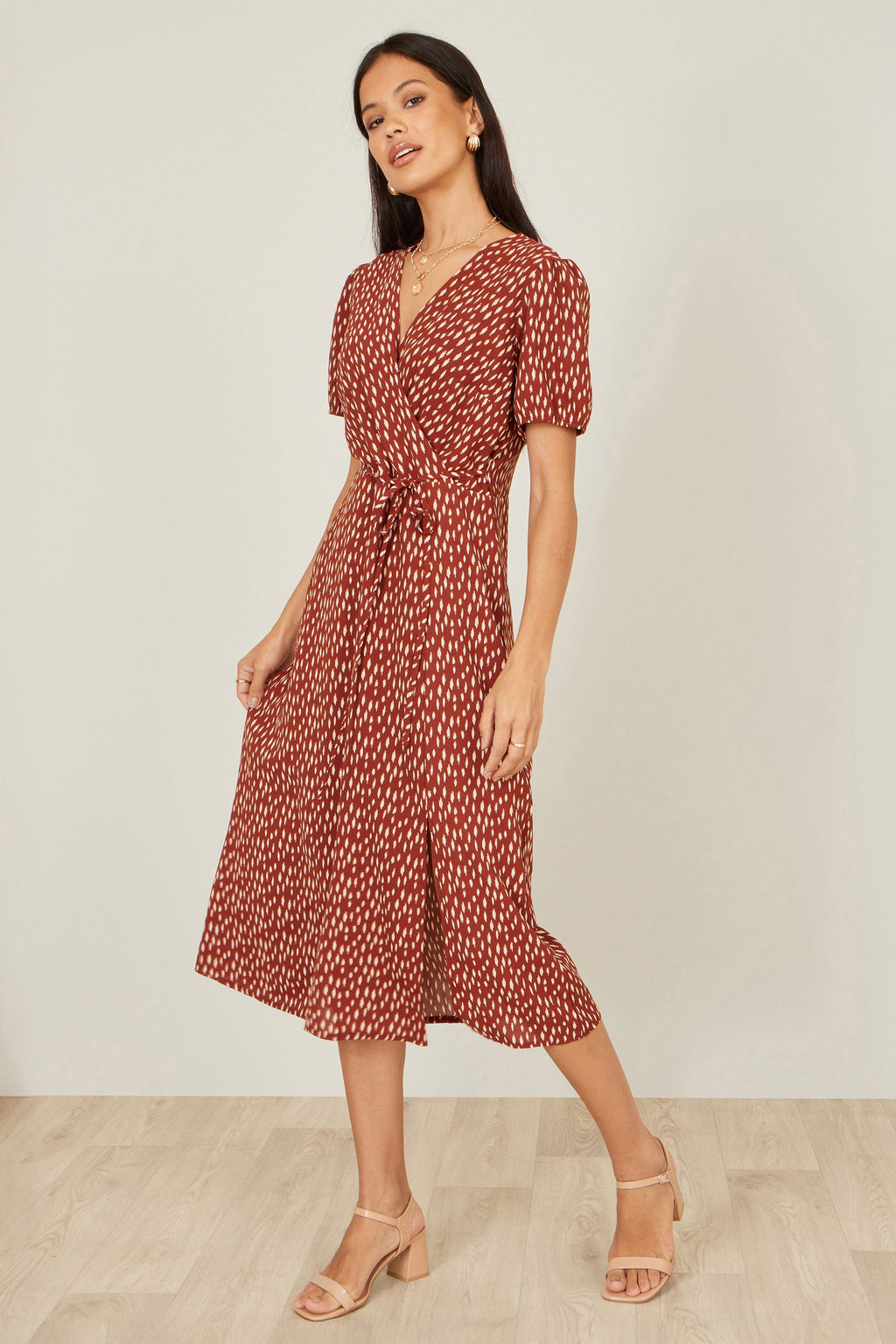 Yumi Brown Spot Wrap Midi Dress - QHA UK