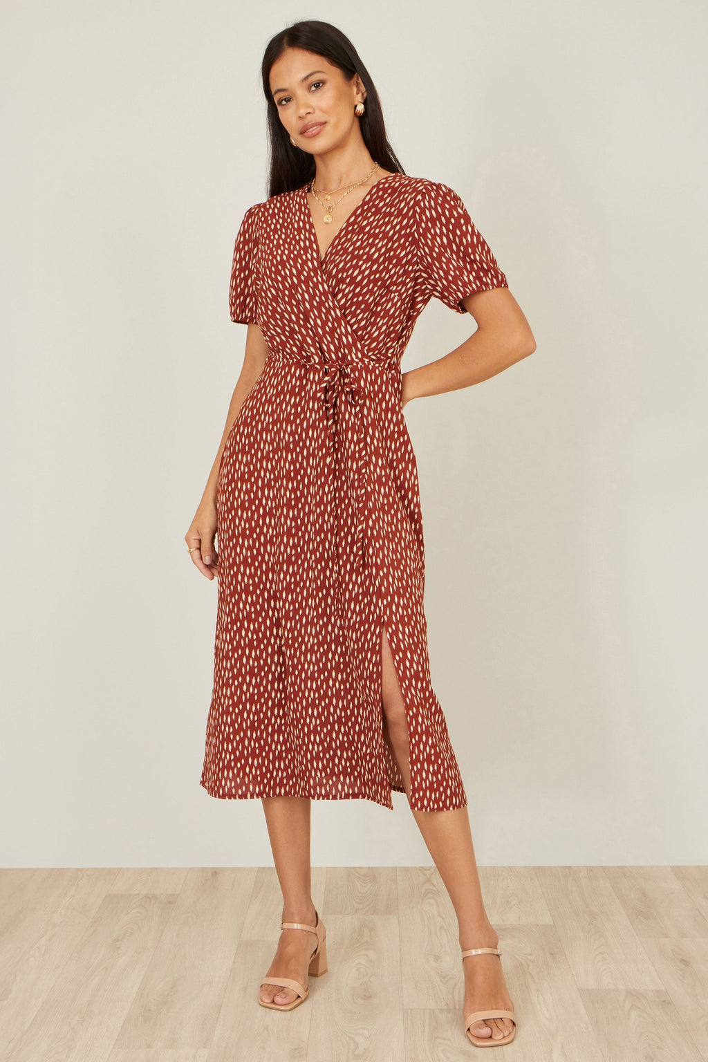 Yumi Brown Spot Wrap Midi Dress - QHA UK