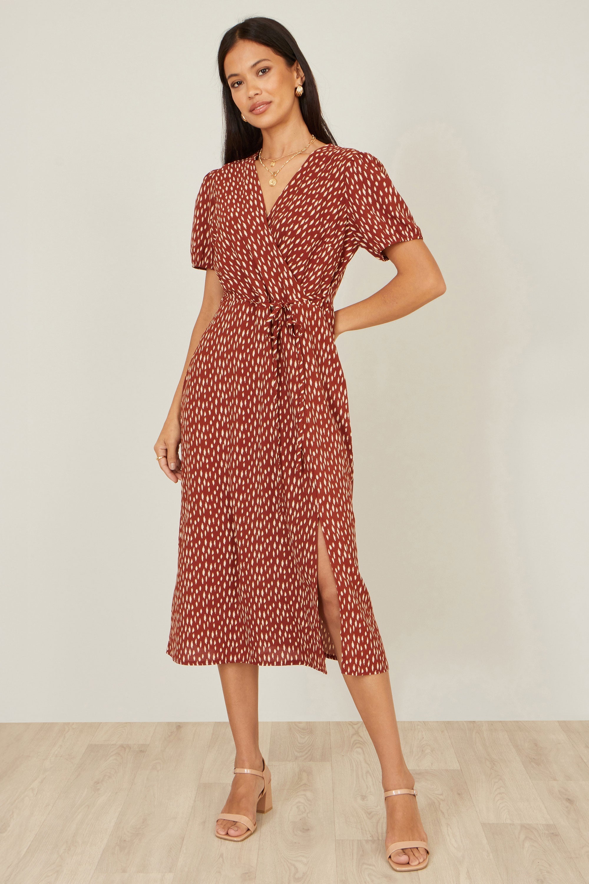 Yumi Brown Spot Wrap Midi Dress - QHA UK