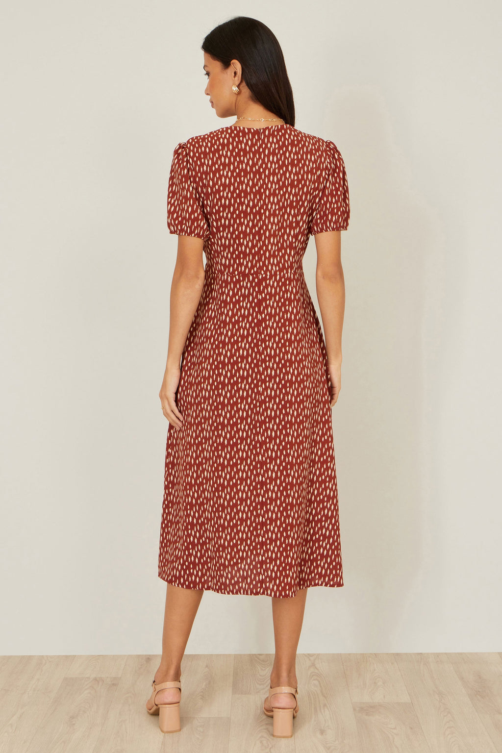 Yumi Brown Spot Wrap Midi Dress - QHA UK