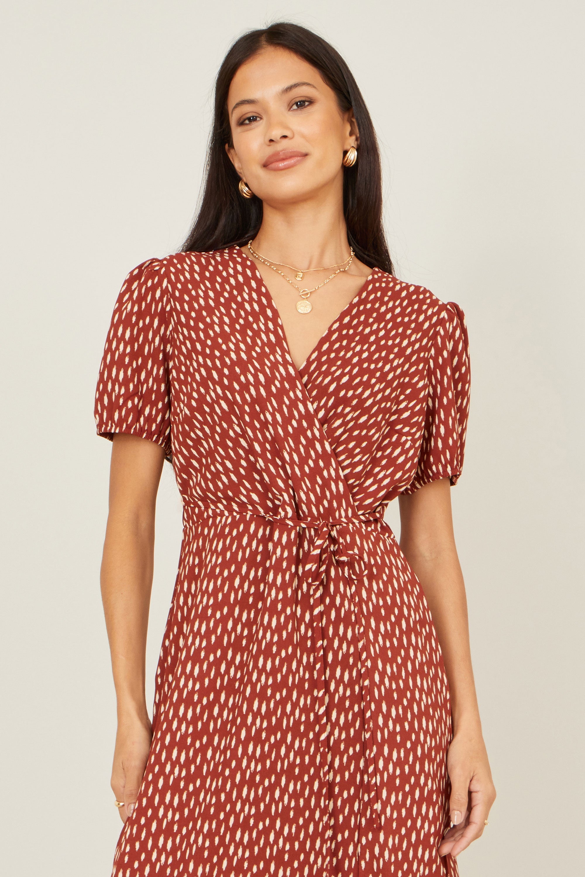 Yumi Brown Spot Wrap Midi Dress - QHA UK