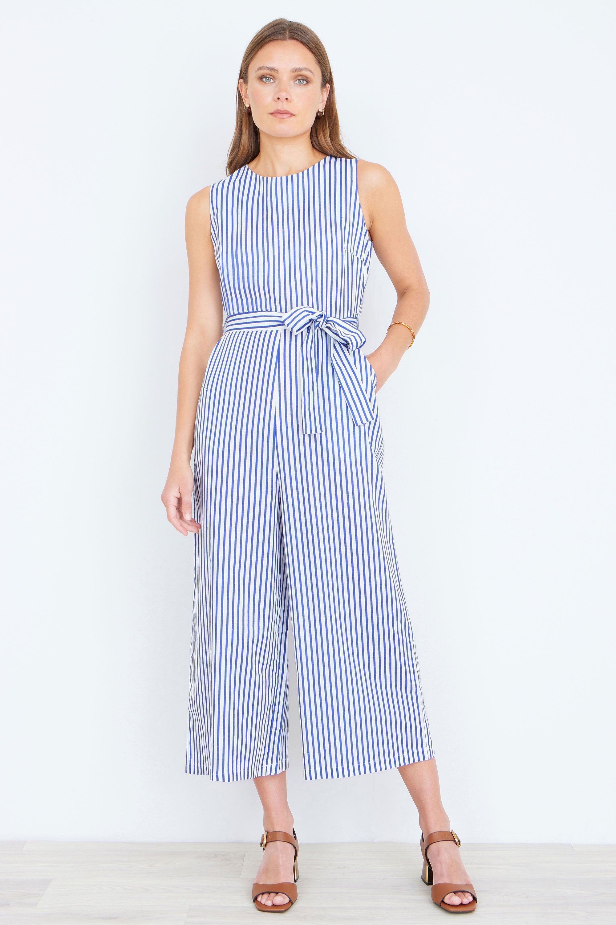 Yumi Blue Cotton Stripe Culotte Jumpsuit