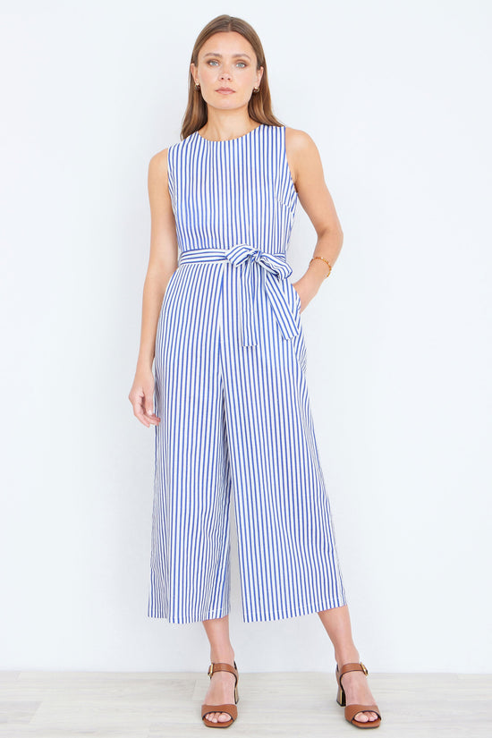 Yumi Blue Cotton Stripe Culotte Jumpsuit - QHA UK