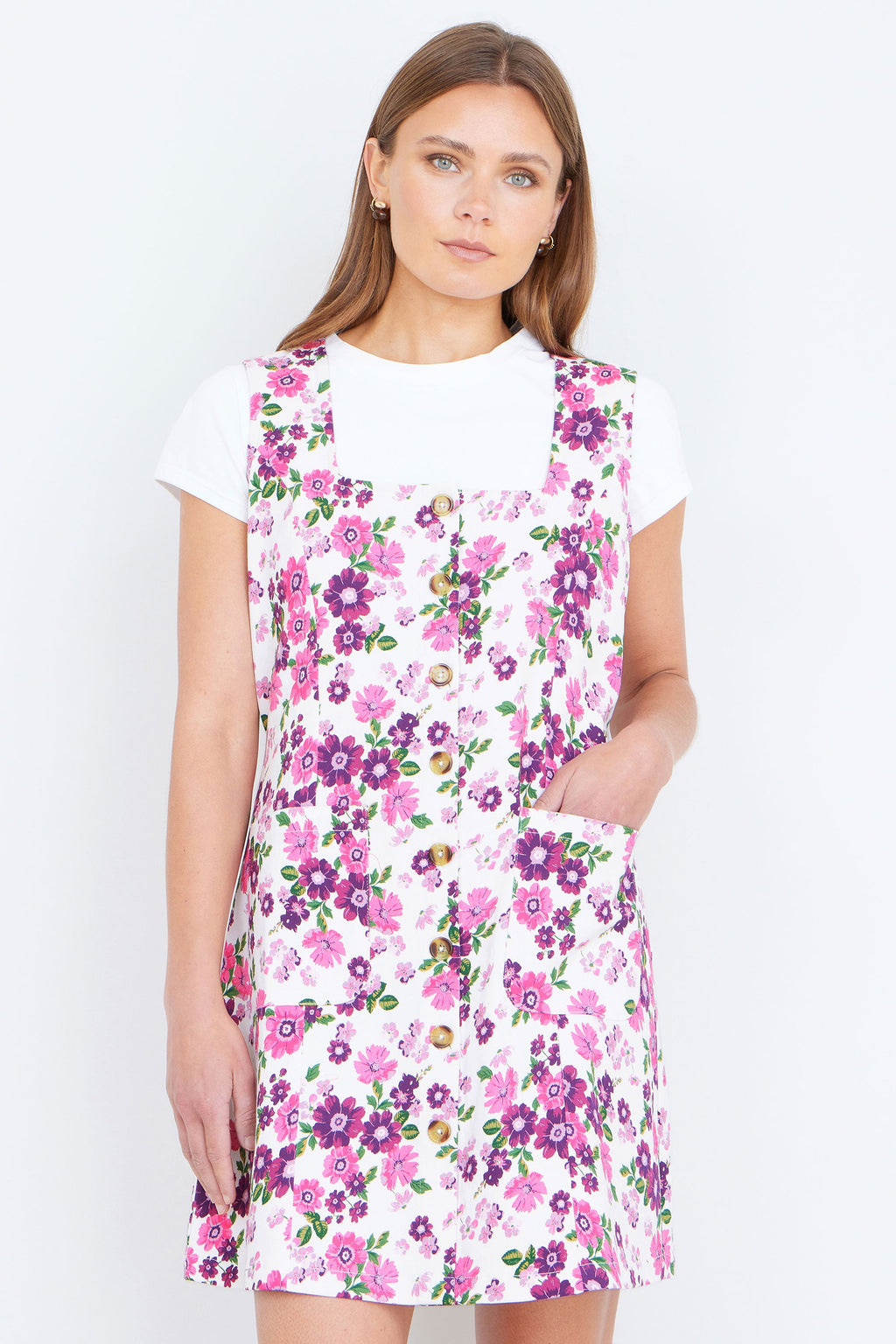 Yumi Pink Retro Floral Cotton Stretch Pinafore Dress - QHA UK