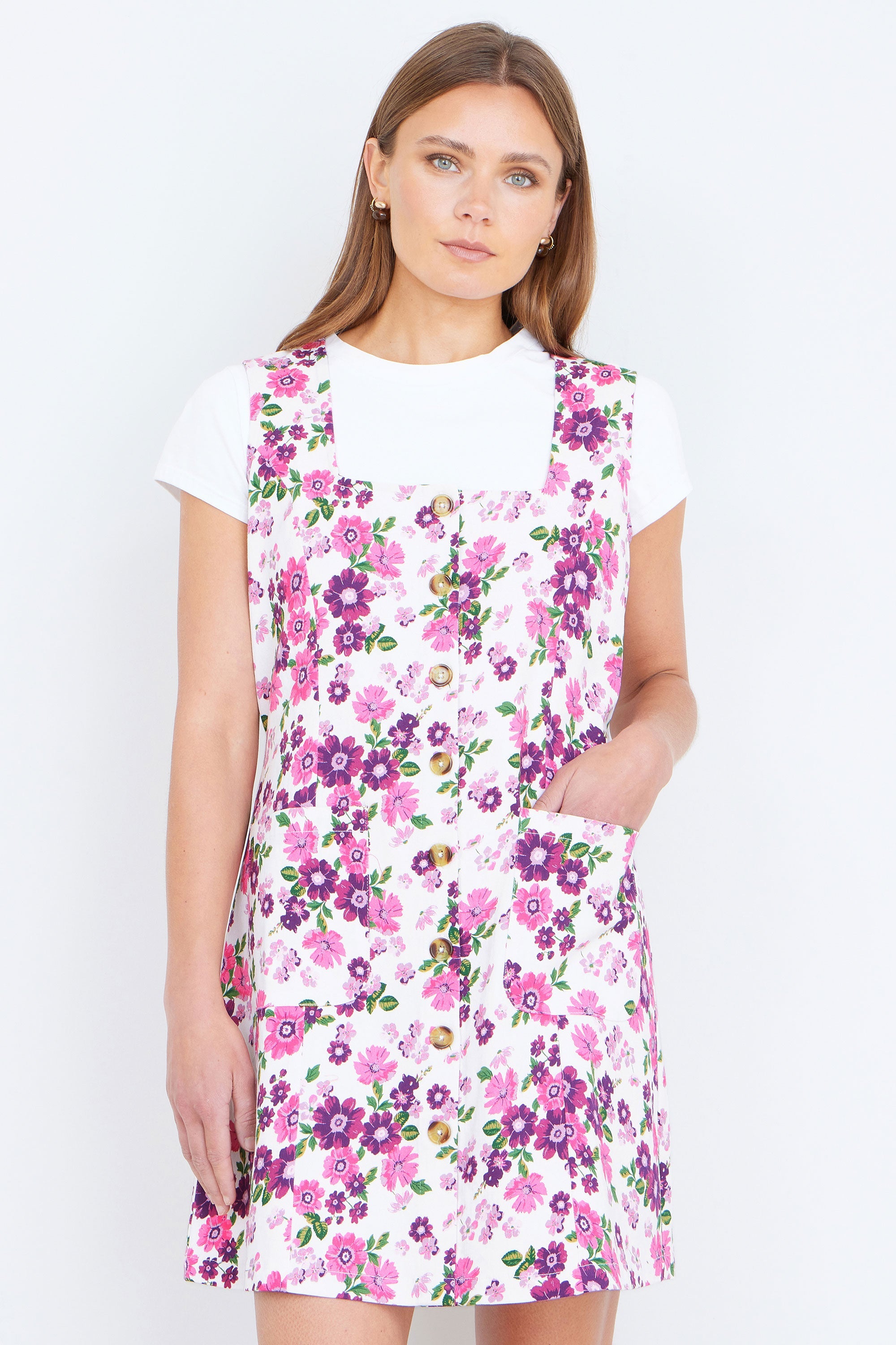 Yumi Pink Retro Floral Cotton Stretch Pinafore Dress - QHA UK