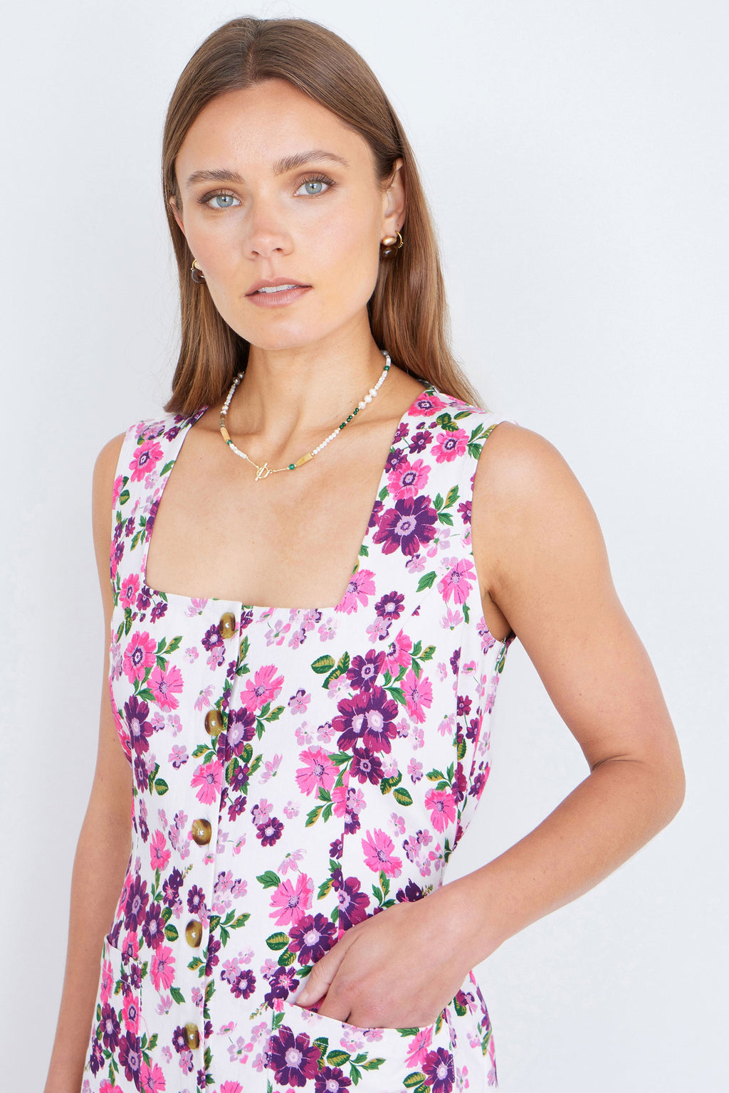 Yumi Pink Retro Floral Cotton Stretch Pinafore Dress - QHA UK