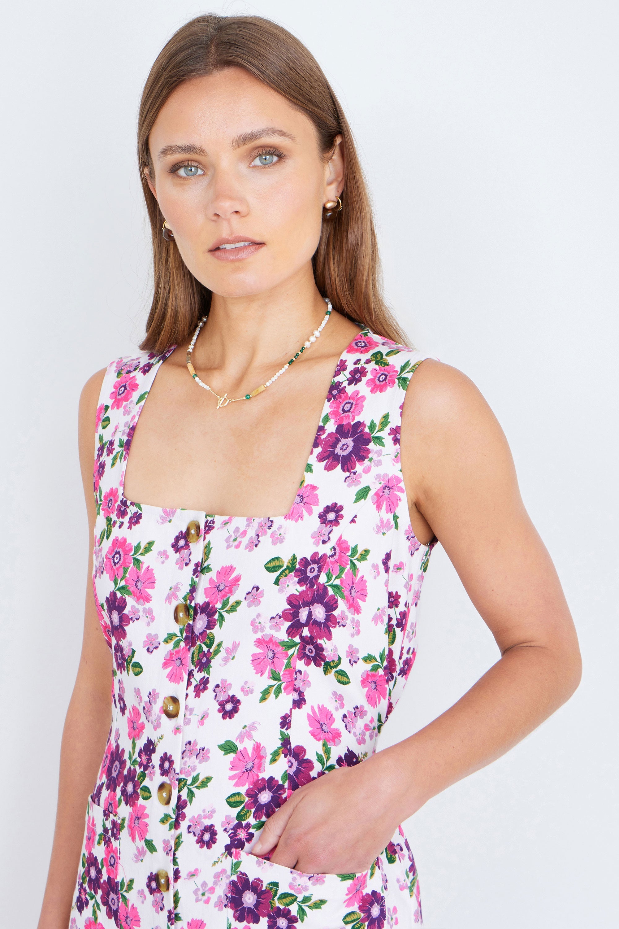 Yumi Pink Retro Floral Cotton Stretch Pinafore Dress - QHA UK