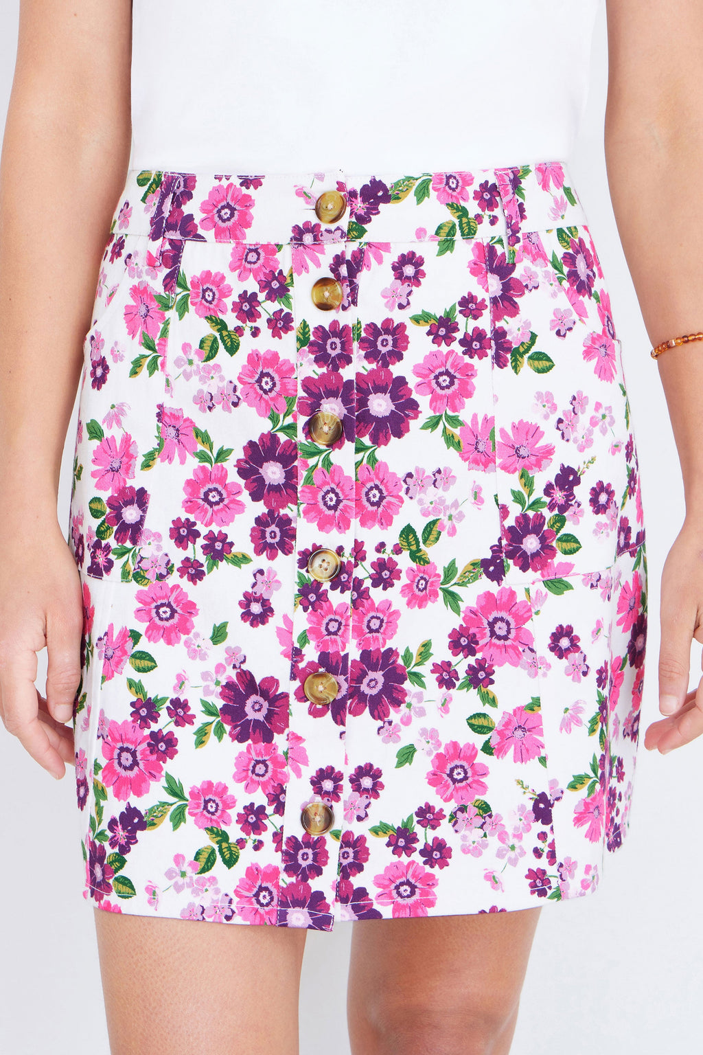 Yumi Pink Retro Floral Cotton Stretch Mini Skirt - QHA UK