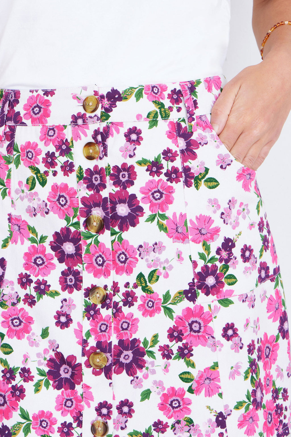 Yumi Pink Retro Floral Cotton Stretch Mini Skirt - QHA UK