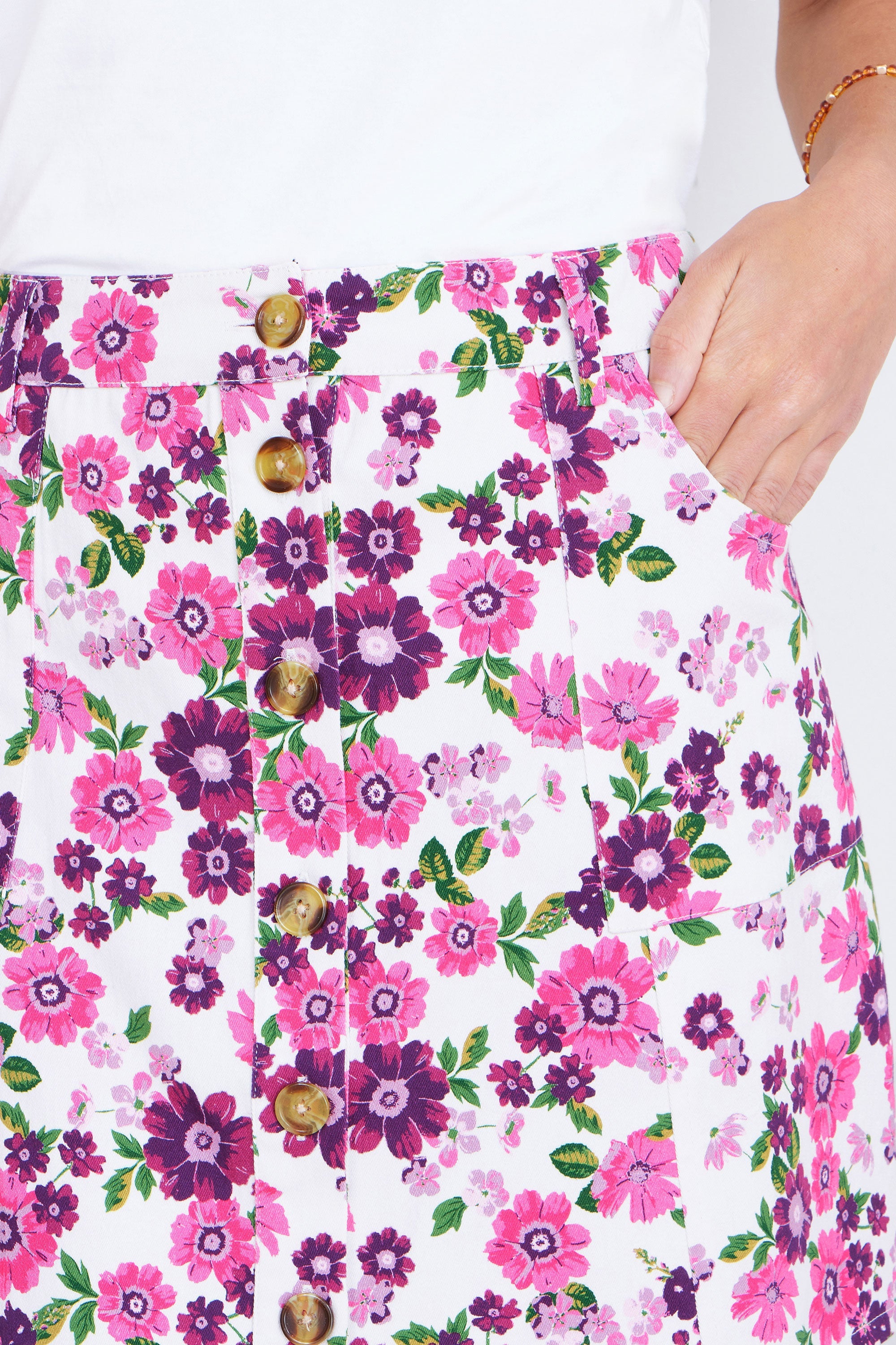 Yumi Pink Retro Floral Cotton Stretch Mini Skirt