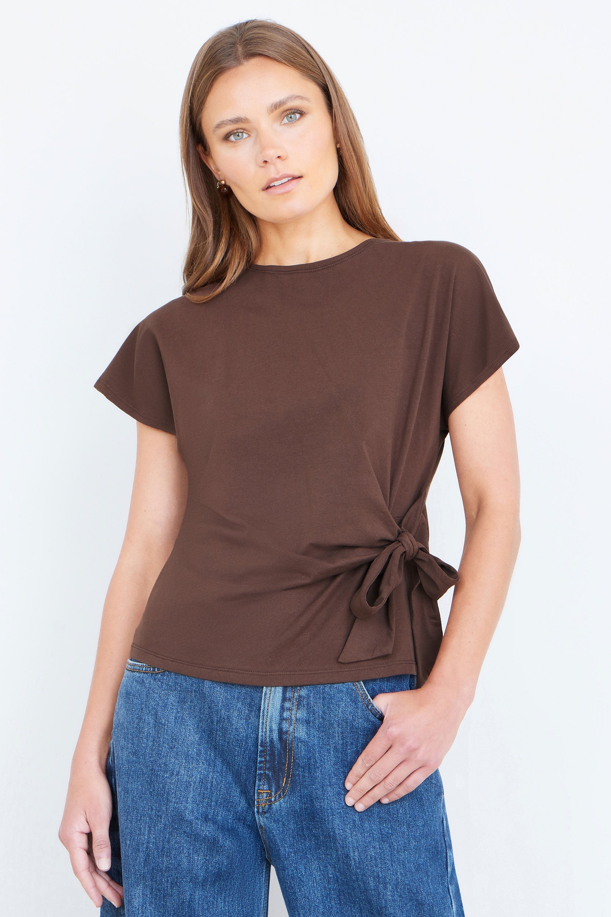 Yumi Brown Cotton Jersey Top With Knot Detail